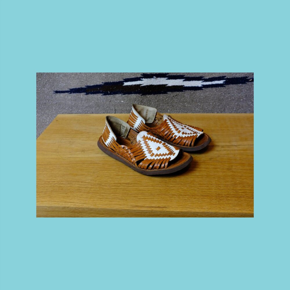 Women’s Brown Woven Leather Sandals with White Accents